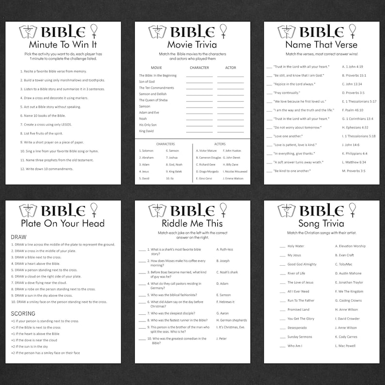 May include: A printable Bible trivia game with six different categories: Minute to Win It, Movie Trivia, Name That Verse, Plate On Your Head, Riddle Me This, and Song Trivia. Each category has a list of questions or tasks related to the Bible.