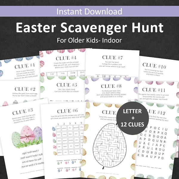 Ostereiersuche Hinweise Ostern Schnitzeljagd für Teens Osterhase Escape Room ältere Kinder Indoor Ostern Korb Schatzsuche Spiel PRINTABLE