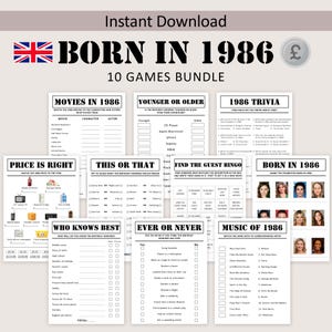 May include: A collection of printable party games with a "Born in 1986" theme. The design includes a Union Jack flag, the text "BORN IN 1986", and various game sheets, such as trivia, bingo, and "this or that" games. The games are available for instant download.