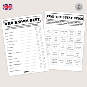 May include: Two white paper sheets with black text. One sheet says "Who Knows Best" with fill-in-the-blank questions. The other sheet says "Find the Guest Bingo" with bingo squares. A British flag is in the top left corner.