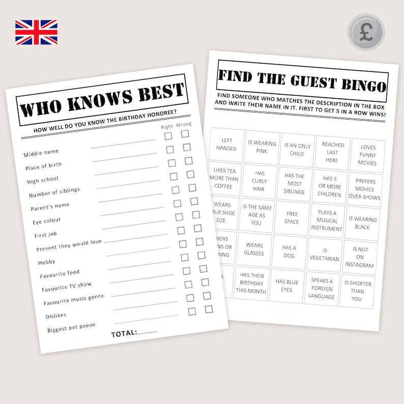 May include: Two white paper sheets with black text. One sheet says "Who Knows Best" with fill-in-the-blank questions. The other sheet says "Find the Guest Bingo" with bingo squares. A British flag is in the top left corner.