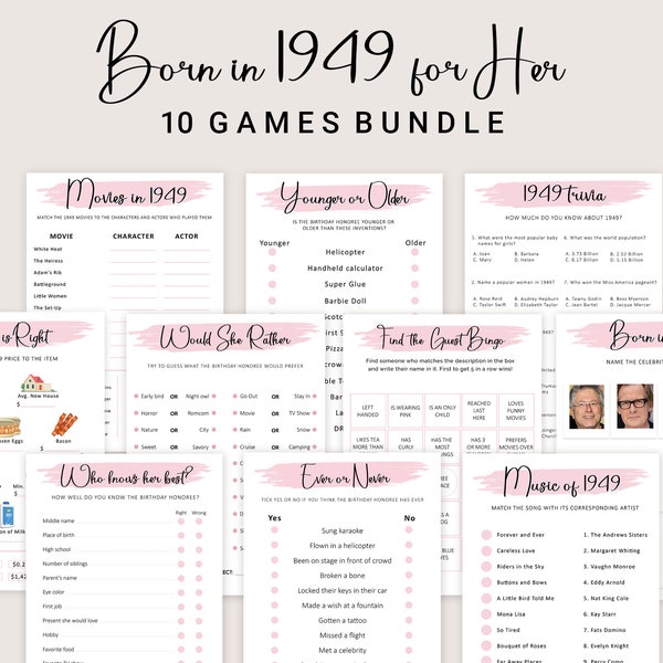 75th Birthday Games for Women 75th Birthday Party Games for Her Born in 1949 Game 1949 Trivia Quiz Activity Bundle Instant Digital PRINTABLE