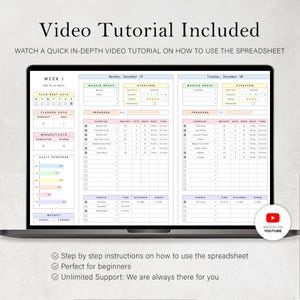 May include: A laptop screen displaying a digital workout planner spreadsheet with columns for muscle groups, exercise names, weights, sets, reps, and cardio data. The text reads Video Tutorial Included, Watch a quick in-depth video tutorial on how to use the spreadsheet.
