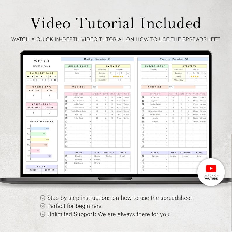 May include: A laptop screen displaying a digital workout planner spreadsheet with columns for muscle groups, exercise names, weights, sets, reps, and cardio data. The text reads Video Tutorial Included, Watch a quick in-depth video tutorial on how to use the spreadsheet.