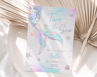 Two the Sea Mermaid Birthday Invitation Mermaid 2nd Birthday Invitation Girl Second Under the Sea Party Theme Invite EDITABLE Instant