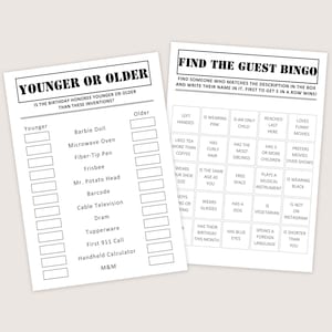 Puede incluir: Dos hojas de papel blanco con texto negro. Una hoja dice "YOUNGER OR OLDER" y enumera inventos. La otra hoja dice "FIND THE GUEST BINGO" con frases descriptivas. Tema de juego de fiesta.