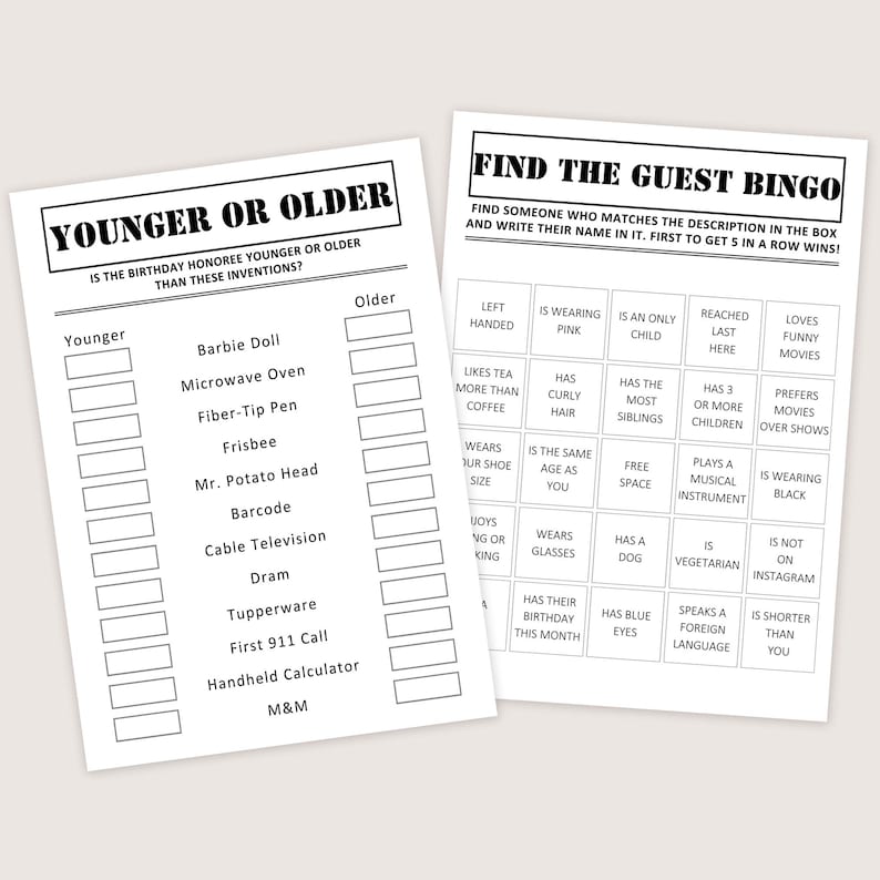 Puede incluir: Dos hojas de papel blanco con texto negro. Una hoja dice "YOUNGER OR OLDER" y enumera inventos. La otra hoja dice "FIND THE GUEST BINGO" con frases descriptivas. Tema de juego de fiesta.