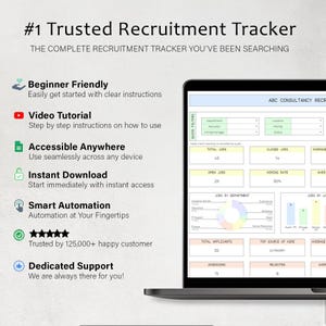May include: A laptop screen shows a recruitment tracker interface with charts and data. Text on the screen includes "#1 Trusted Recruitment Tracker" and features like "Beginner Friendly" and "Instant Download."