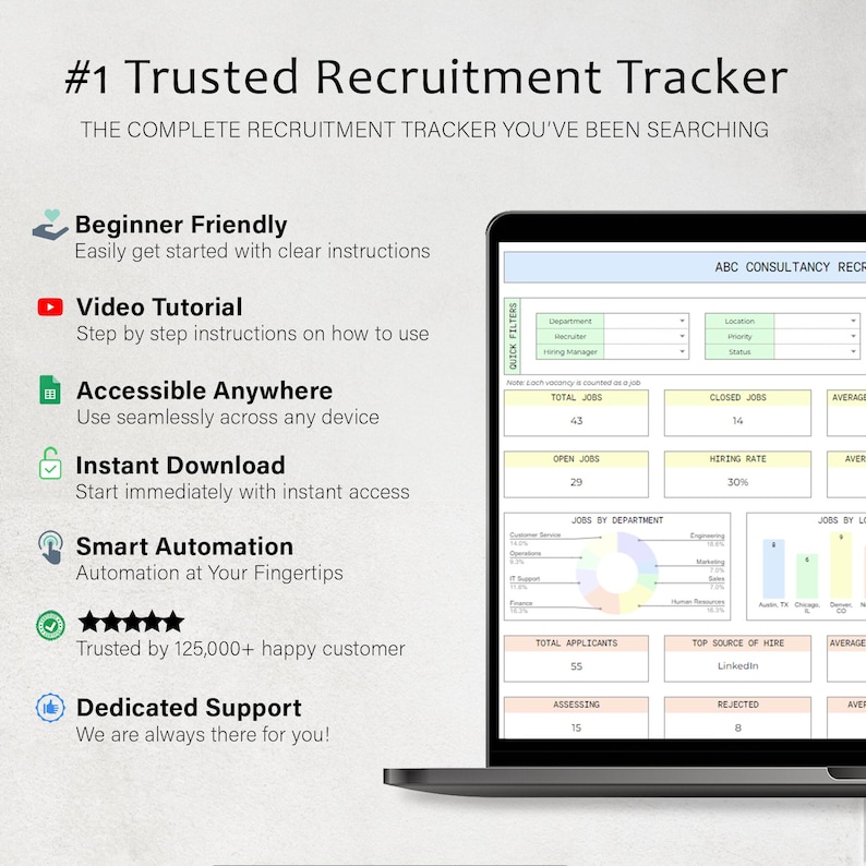 May include: A laptop screen shows a recruitment tracker interface with charts and data. Text on the screen includes "#1 Trusted Recruitment Tracker" and features like "Beginner Friendly" and "Instant Download."