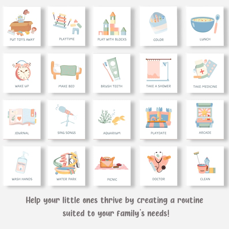 May include: A set of 20 colourful illustrated cards with activities for children. Each card features a different activity, such as putting toys away, playtime, playing with blocks, colouring, lunch, waking up, making the bed, brushing teeth, taking a shower, taking medicine, journaling, singing songs, visiting the aquarium, having a playdate, playing arcade games, washing hands, going to the water park, having a picnic, going to the doctor, and cleaning. The cards are designed to help children develop a routine and learn new skills.