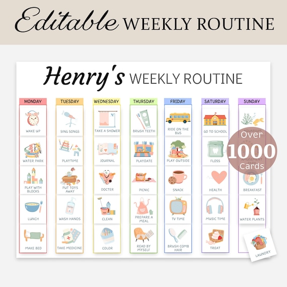 Kids Weekly Planner Toddler Weekly Calendar Weekly Schedule Chore Chart Routine Cards Visual Responsibility Chart Rhythm Pictures EDITABLE