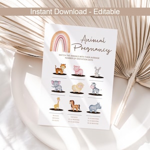 Animal Pregnancy Baby Shower Game Animal Gestation Games Babyshower Party Games Animal Pregnancy Matchup Rainbow Boho EDITABLE Instant