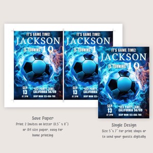 May include: Soccer birthday party invitation with a blue and orange flame design. The invitation says "It's Game Time! Jackson is turning 10".