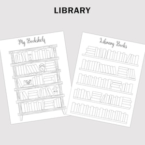 May include: A black and white printable coloring page with two illustrations of bookshelves. The first illustration is a bookshelf with five shelves and the text "My Bookshelf". The second illustration is a bookshelf with five shelves and the text "Library Books".