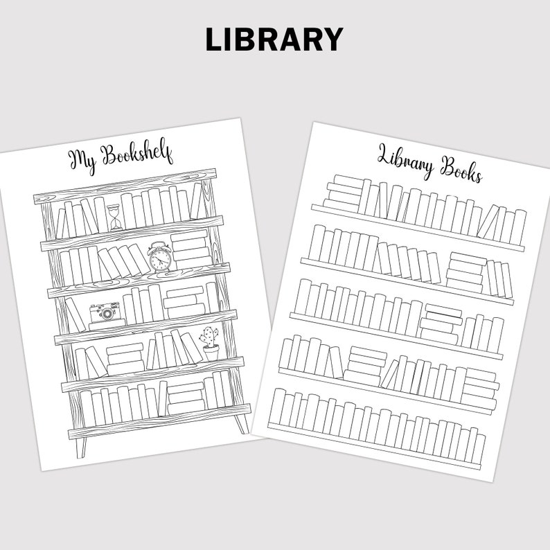 May include: A black and white printable coloring page with two illustrations of bookshelves. The first illustration is a bookshelf with five shelves and the text "My Bookshelf". The second illustration is a bookshelf with five shelves and the text "Library Books".