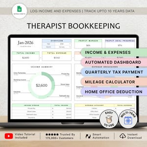 Può includere: Un foglio di calcolo digitale per la contabilità dei terapeuti visualizzato su uno schermo di un portatile. L'interfaccia include sezioni per entrate, uscite, margini di profitto e monitoraggio fiscale, con una dashboard automatizzata e calcolatori.