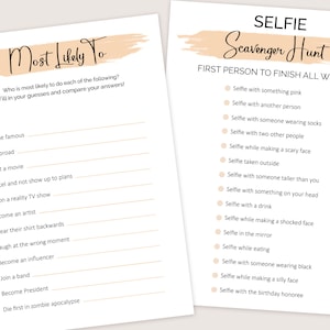 May include: Two printable game cards for a party. The left card is titled "Most Likely To" and has a list of 12 questions. The right card is titled "Selfie Scavenger Hunt" and has a list of 14 selfie challenges.