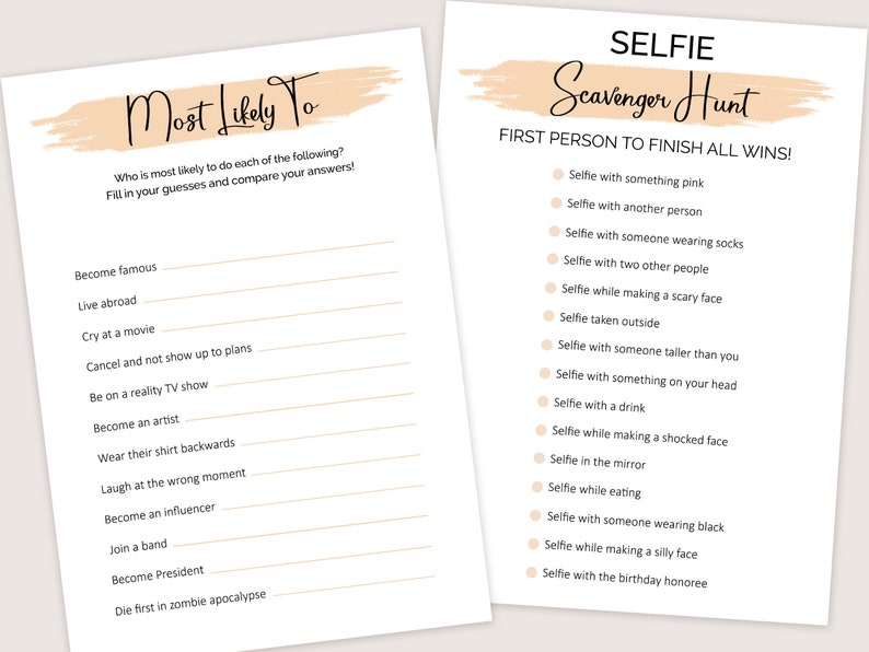 May include: Two printable game cards for a party. The left card is titled "Most Likely To" and has a list of 12 questions. The right card is titled "Selfie Scavenger Hunt" and has a list of 14 selfie challenges.