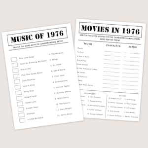 May include: Two white paper sheets with black text. One sheet is titled "MUSIC OF 1976" and lists songs with corresponding artists. The other sheet is titled "MOVIES IN 1976" and lists movies, characters, and actors.