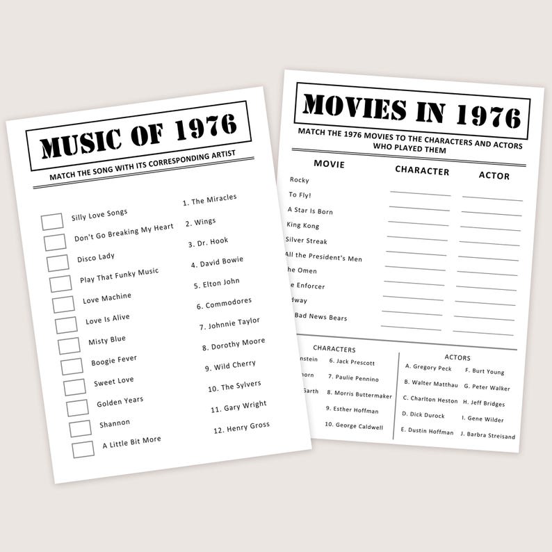 May include: Two white paper sheets with black text. One sheet is titled "MUSIC OF 1976" and lists songs with corresponding artists. The other sheet is titled "MOVIES IN 1976" and lists movies, characters, and actors.