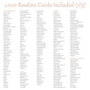 May include: A printable set of 1,000 routine cards for children, divided into categories such as daily tasks and activities, chores, and personal hygiene. The cards feature a variety of activities, including playing, cleaning, and getting ready for bed.