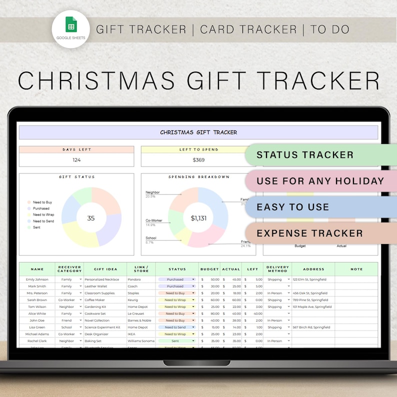 K&ouml;nnte beinhalten: Eine Google Sheets-Tabelle zum Verfolgen von Weihnachtsgeschenken. Die Tabelle enth&auml;lt Spalten f&uuml;r Name, Empf&auml;ngerkategorie, Geschenkidee, Link/Shop, Status, Budget, Tats&auml;chlich, Rest, Liefermethode, Adresse und Notiz. Die Tabelle enth&auml;lt auch ein Kreisdiagramm, das die Ausgabenaufteilung f&uuml;r verschiedene Kategorien wie Familie, Kollege, Freund und Nachbar zeigt.