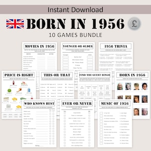 以下が含まれることがあります： 「BORN IN 1956」と「10 GAMES BUNDLE」のテキストが入った、印刷可能なパーティーゲームのコレクション。クイズ、ビンゴ、マッチングゲームなど、ヴィンテージ感のあるゲームです。誕生日のお祝い用にデザインされています。