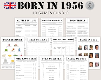 70th Birthday Games UK Bundle British 70th Birthday Party Games 1956 Trivia Born in 1956 70 year Men Women Him Her Pound PRINTABLE Digital