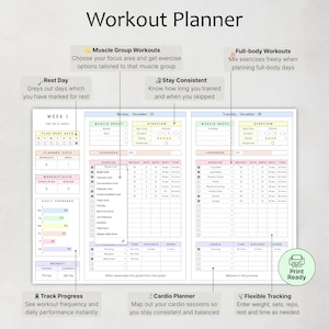 May include: A white workout planner with sections for muscle group and full-body workouts. It includes areas to track progress, cardio, and flexible tracking. The planner has text that says "Workout Planner", "Rest Day", and "Print Ready".