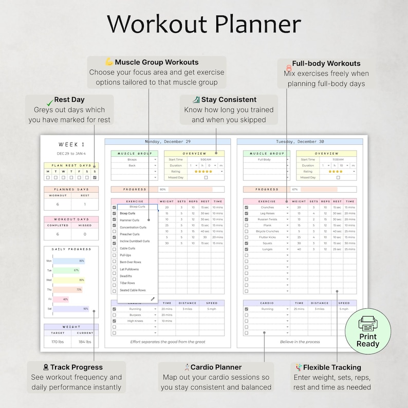 May include: A white workout planner with sections for muscle group and full-body workouts. It includes areas to track progress, cardio, and flexible tracking. The planner has text that says "Workout Planner", "Rest Day", and "Print Ready".