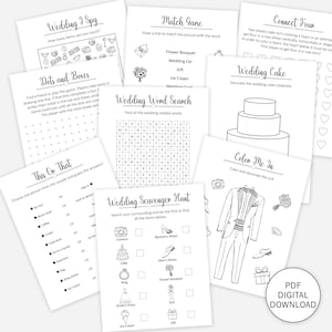 May include: A set of printable wedding games for guests to play at a wedding reception. The games include "Wedding I Spy", "Dots and Boxes", "This or That", "Match Game", "Wedding Word Search", "Wedding Scavenger Hunt", "Connect Four", "Wedding Cake", and "Color Me In".