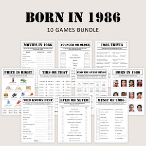 40th Birthday Games Bundle 40th Birthday Party Games 1986 Trivia Born in 1986 40 Year Old Men Women Him Her Quiz Printable Instant Digital