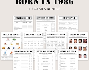 40th Birthday Games Bundle 40th Birthday Party Games 1986 Trivia Born in 1986 40 Year Old Men Women Him Her Quiz Printable Instant Digital