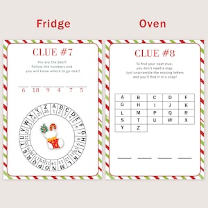 May include: A Christmas-themed scavenger hunt game with two clues. The first clue, "CLUE #7", is a number puzzle with a red and white striped stocking illustration. The second clue, "CLUE #8", is a letter puzzle with a grid of letters.