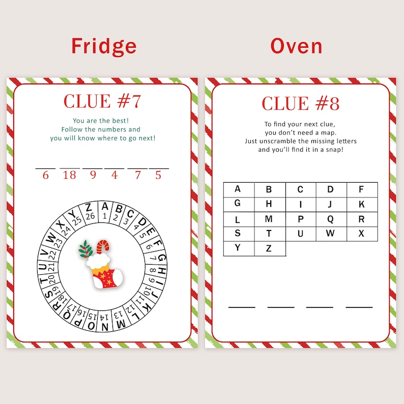 May include: A Christmas-themed scavenger hunt game with two clues. The first clue, "CLUE #7", is a number puzzle with a red and white striped stocking illustration. The second clue, "CLUE #8", is a letter puzzle with a grid of letters.