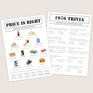 May include: Two vintage-style trivia game sheets. One titled "Price is Right" with 1976 prices for items like gas and a new house. The other sheet is "1976 Trivia" with multiple-choice questions about the year.