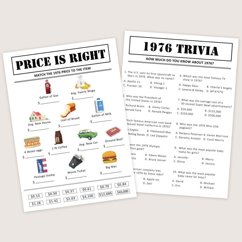 May include: Two vintage-style trivia game sheets. One titled "Price is Right" with 1976 prices for items like gas and a new house. The other sheet is "1976 Trivia" with multiple-choice questions about the year.