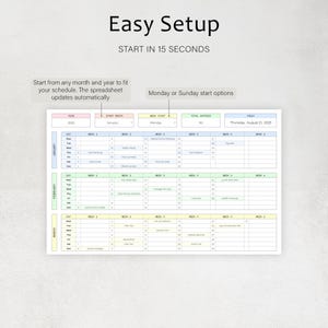 May include: A digital planner with the text "Easy Setup" and "Start in 15 Seconds." The planner includes sections for the year, month, week start, and total entries. It also has a calendar layout with dates and space for notes.