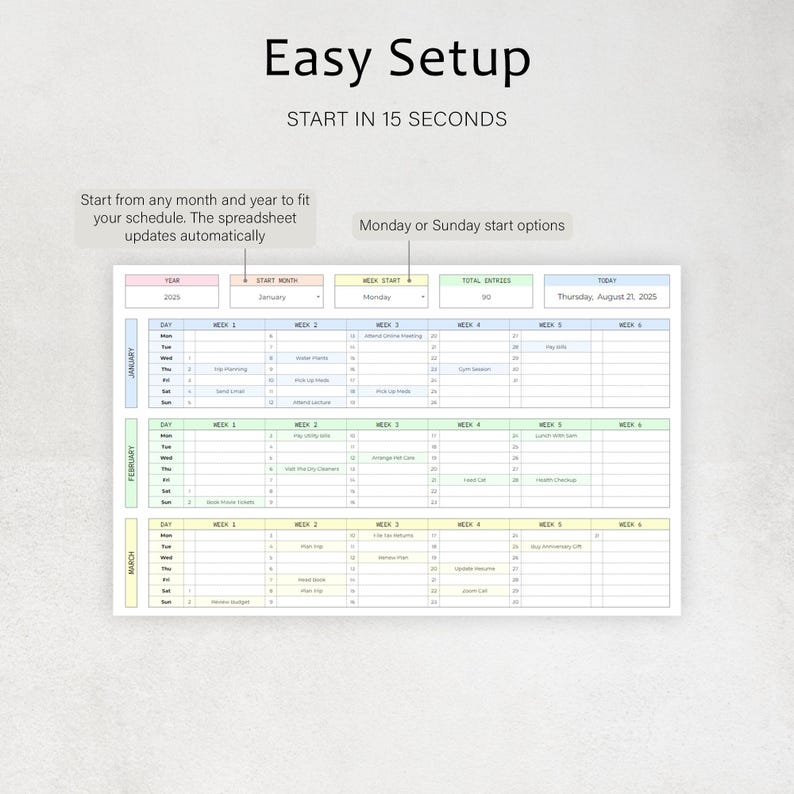 May include: A digital planner with the text "Easy Setup" and "Start in 15 Seconds." The planner includes sections for the year, month, week start, and total entries. It also has a calendar layout with dates and space for notes.
