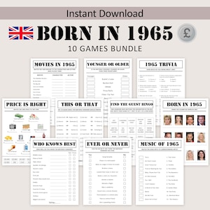 60° compleanno giochi UK Bundle British 60° compleanno festa gioco 1965 Trivia Nato nel 1965 60 anni Uomini Donne Lui Lei Sterlina STAMPABILE Digitale