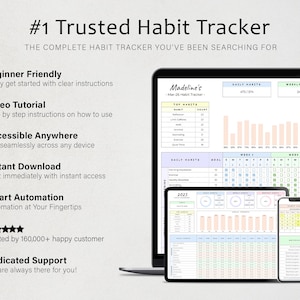 May include: A digital habit tracker displayed on a laptop, tablet, and smartphone screen. The interface features sections for daily and weekly habits, progress charts, and a calendar. Text includes #1 Trusted Habit Tracker and Madeline's Habit Tracker.