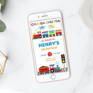 Trein verjaardagsuitnodiging trein uitnodiging Chugga Chugga Two Two Digital E-Invite E Train mobiel themafeest Choo Choo Im 2 Boy BEWERKBARE T04