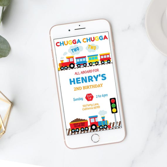 Train Birthday Invitation Train Invitation Chugga Chugga Two Two Digital E-Invite E Train Mobile Theme Party Choo Choo Im 2 Boy EDITABLE T04
