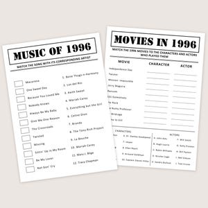May include: Two white paper sheets with black text. One sheet is titled "MUSIC OF 1996" and lists songs and artists. The other sheet is titled "MOVIES IN 1996" and lists movies, characters, and actors. Both sheets are designed for matching.