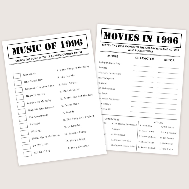 May include: Two white paper sheets with black text. One sheet is titled "MUSIC OF 1996" and lists songs and artists. The other sheet is titled "MOVIES IN 1996" and lists movies, characters, and actors. Both sheets are designed for matching.