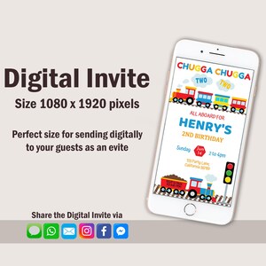 May include: A digital invitation for a child's second birthday party. The invitation features a cartoon train with the text "Chugga Chugga Two" and "All Aboard for Henry's 2nd Birthday". The invitation also includes the date, time, and location of the party.