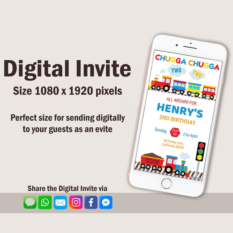 May include: A digital invitation for a child's second birthday party. The invitation features a cartoon train with the text "Chugga Chugga Two" and "All Aboard for Henry's 2nd Birthday". The invitation also includes the date, time, and location of the party.