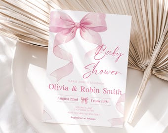 Faire-part de shower de bébé avec noeud rose Style coquette Faire-part de shower de bébé fille de style ruban rose Faire-part de shower de fille à thème noeud modifiable BS10