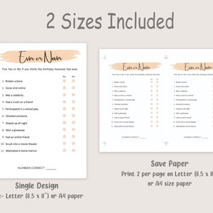 May include: Two printable game cards with the title "Ever or Never" in a peachy pink color. The game asks players to tick yes or no if they think the birthday honoree has ever done the listed activities. The cards are designed for printing on letter or A4 size paper.