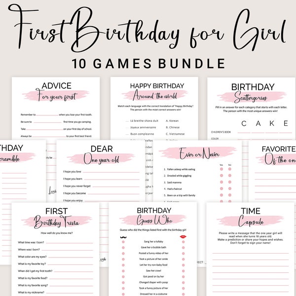 First Birthday Games Girl 1st Birthday Party Games Bundle Girl One Year Old Party Games Girl 1 Birthday Party Idea PRINTABLE Instant Digital